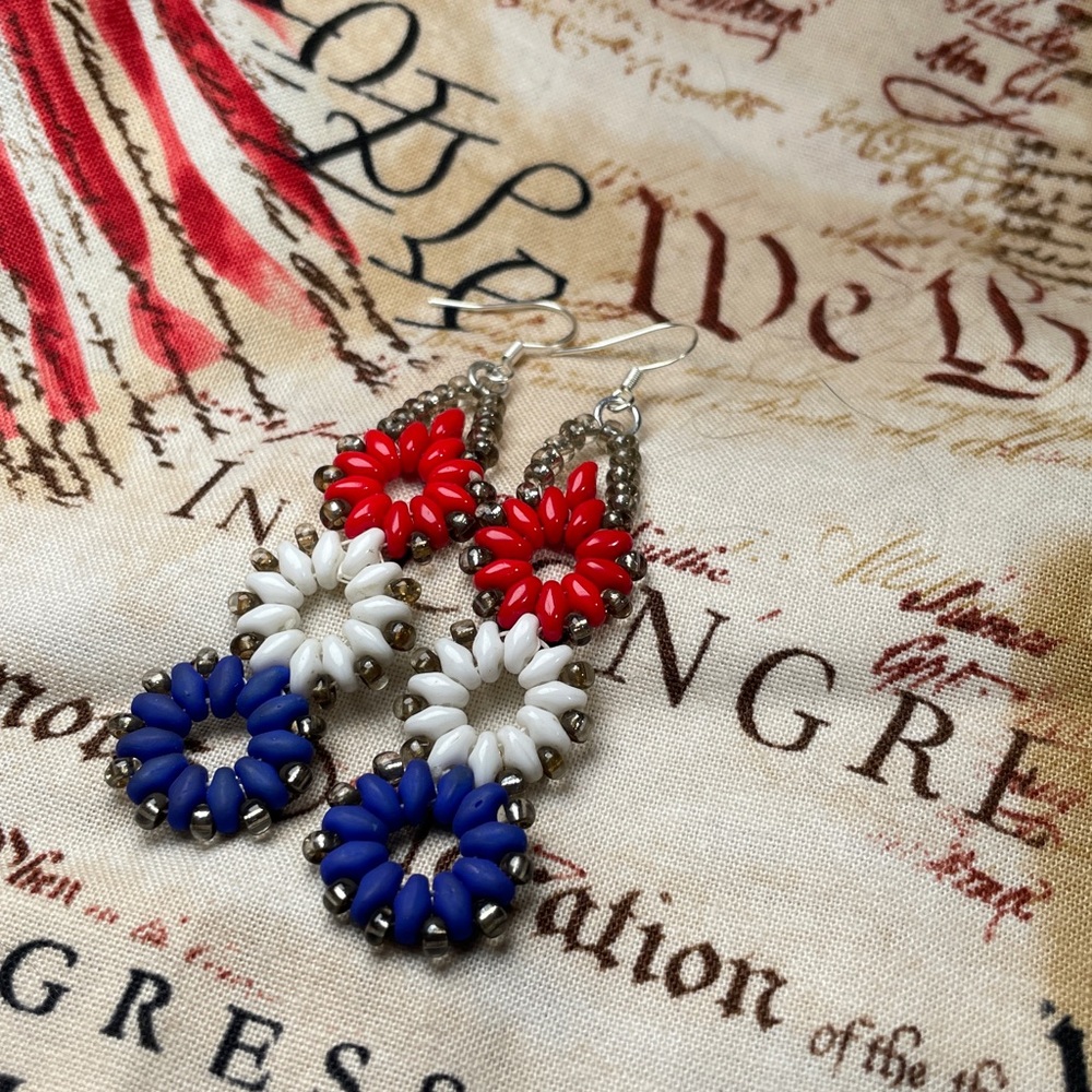 Artisan Red White and Blue Floral Beaded Dangle Earrings